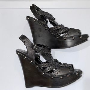 Aldo black studded braided platform wedge sandals Size 39=8.5 4” heel